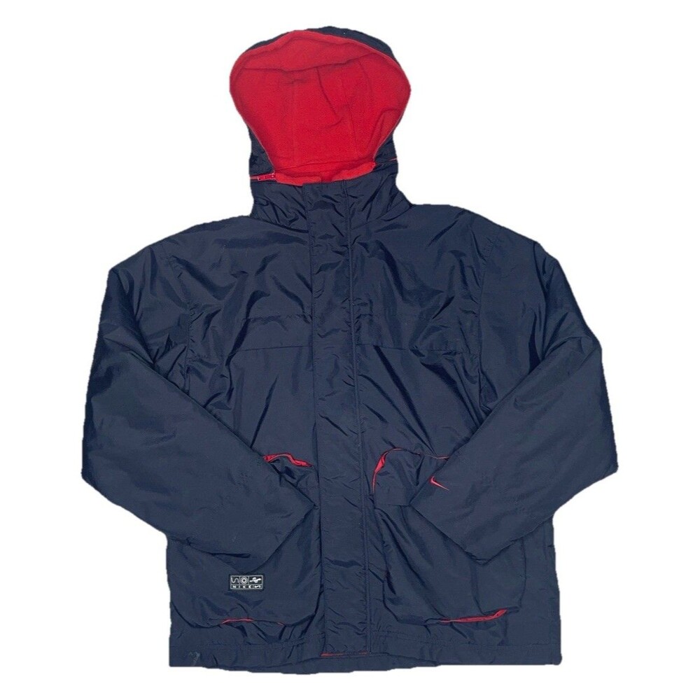 Vtg 90s Nike Fleece Lined Hooded Ski Coat Mens SM Black Red Parka Puffer Jacket